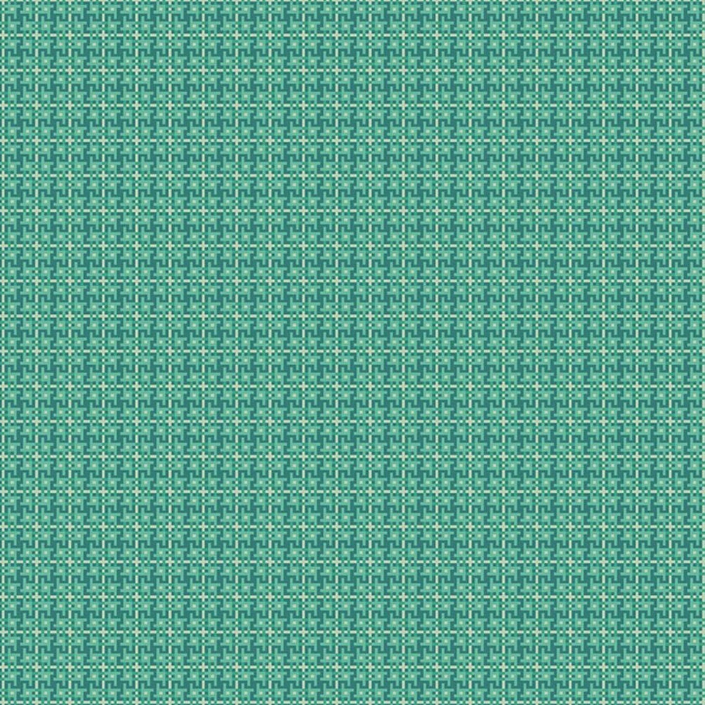 Lori Holtin Farmer's Daughter -kokoelman Weave Cozy -puuvillakangas. Turkoosi pohja, geometrisiä kuvioita, sopii tilkkutöihin ja käsitöihin.