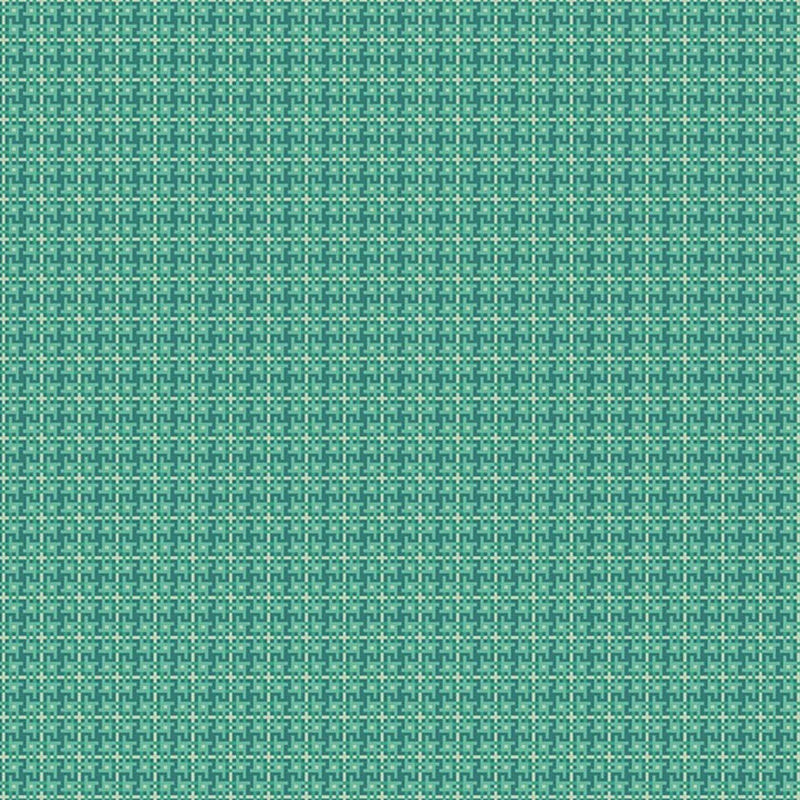 Lori Holtin Farmer's Daughter -kokoelman Weave Cozy -puuvillakangas. Turkoosi pohja, geometrisiä kuvioita, sopii tilkkutöihin ja käsitöihin.