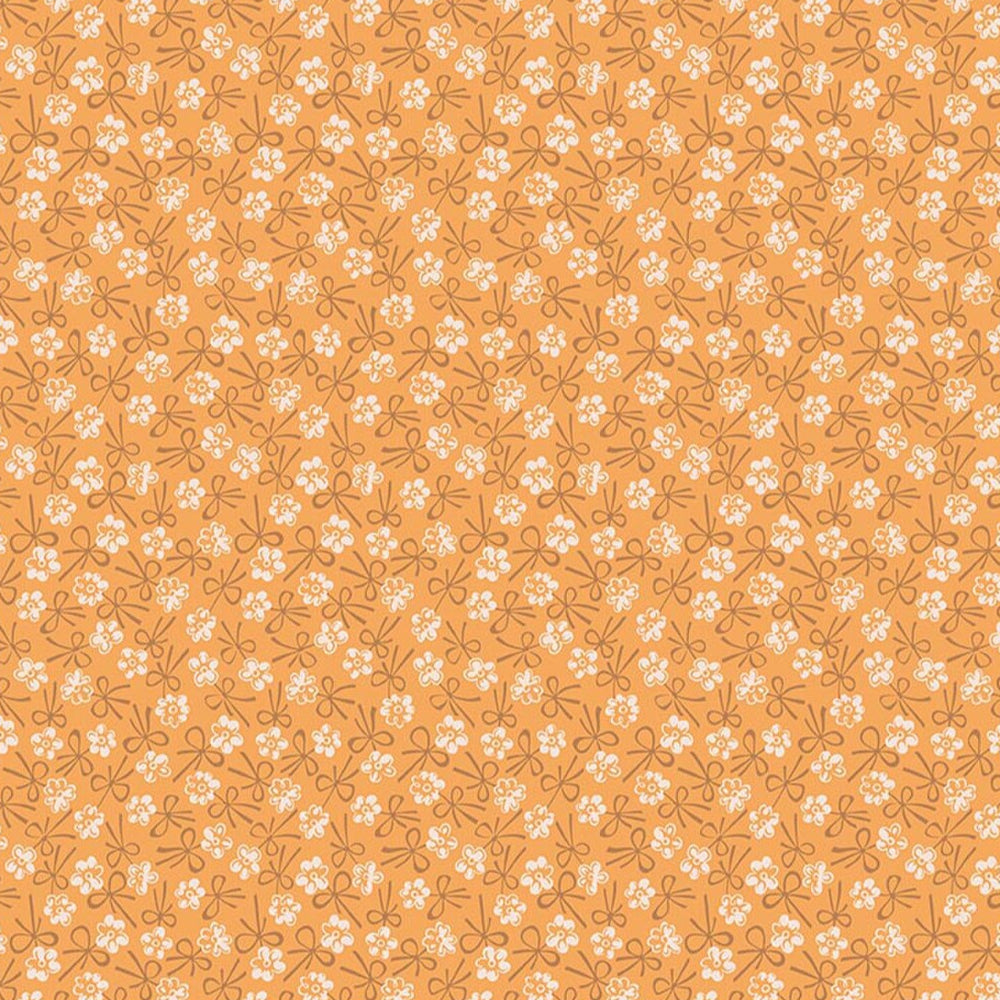 Lori Holtin Farmer's Daughter -kokoelman Bonnet Marigold -puuvillakangas. Keltainen pohja, geometrisiä kukkakuvioita, sopii tilkkutöihin ja käsitöihin.