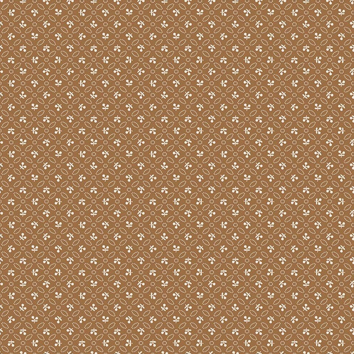 Lori Holtin Farmer's Daughter -kokoelman Cherries Maple -puuvillakangas. Ruskea pohja, geometrisiä kuvioita, sopii tilkkutöihin ja käsitöihin.