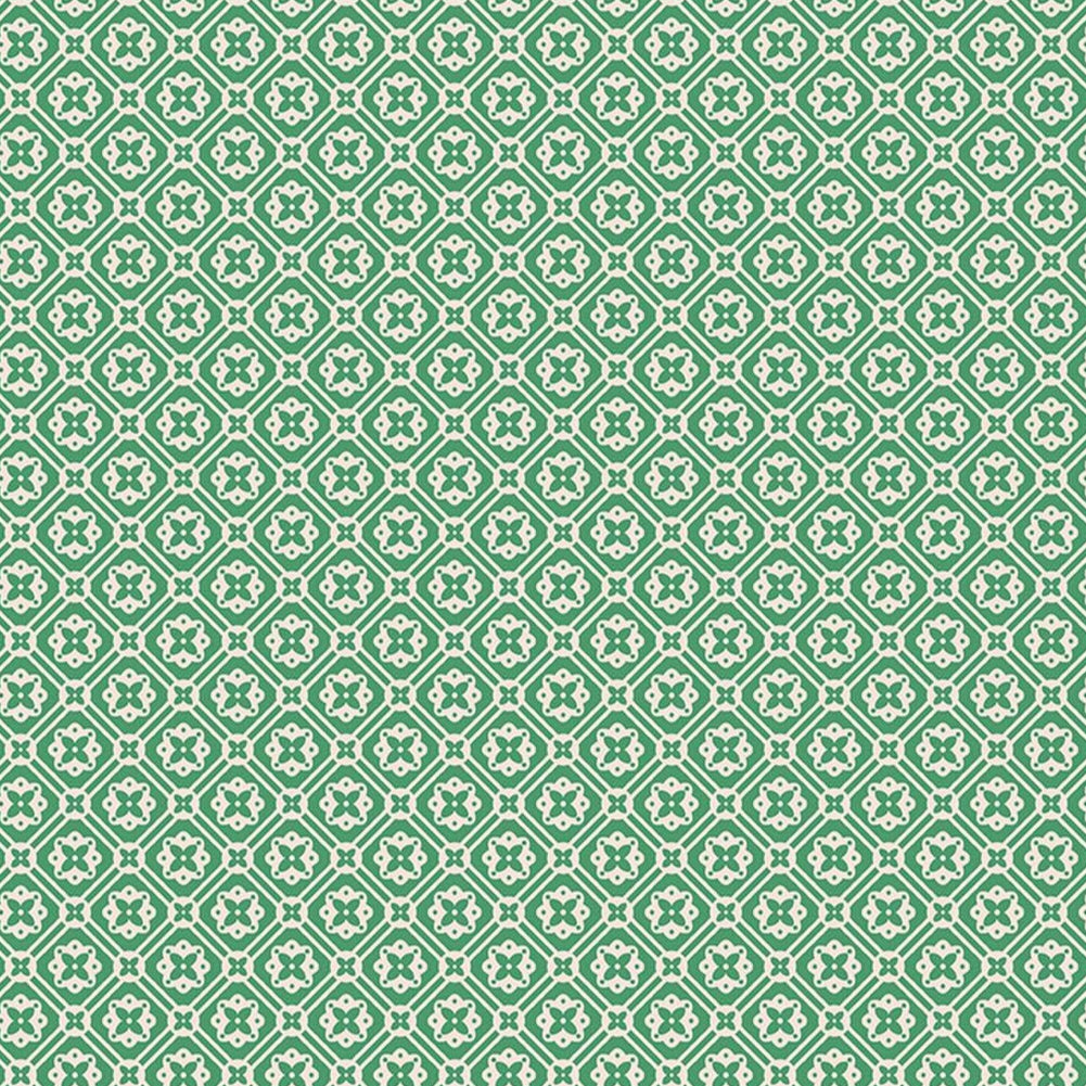 Lori Holtin Farmer's Daughter -kokoelman Doily Alpine -puuvillakangas. Viheä pohja, geometrisiä kuvioita, sopii tilkkutöihin ja käsitöihin.