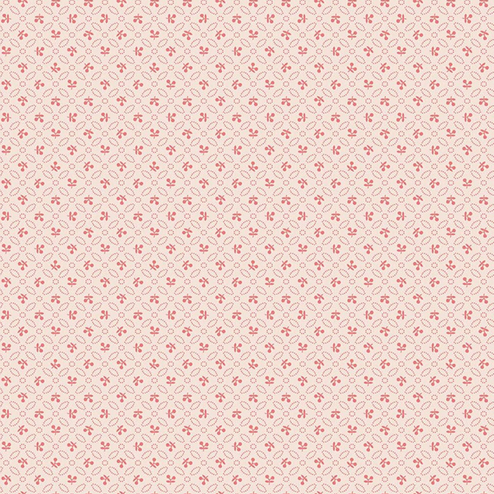 Lori Holtin Farmer's Daughter -kokoelman Cherries Background Coral -puuvillakangas. Vaalean pohja, geometrisiä kuvioita, sopii tilkkutöihin ja käsitöihin.