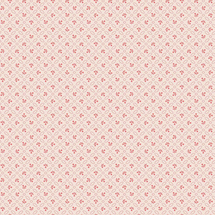 Lori Holtin Farmer's Daughter -kokoelman Cherries Background Coral -puuvillakangas. Vaalean pohja, geometrisiä kuvioita, sopii tilkkutöihin ja käsitöihin.