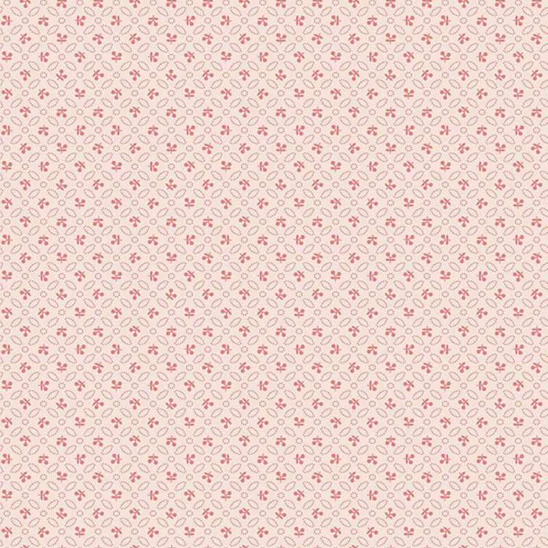 Lori Holtin Farmer's Daughter -kokoelman Cherries Background Coral -puuvillakangas. Vaalean pohja, geometrisiä kuvioita, sopii tilkkutöihin ja käsitöihin.