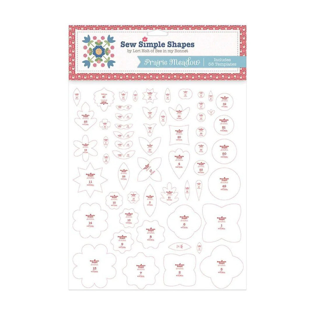 Lori Holt Prairie Meadow Sew Simple Shapes -mallinesetti, 58 läpinäkyvää applikaatiomallinetta.