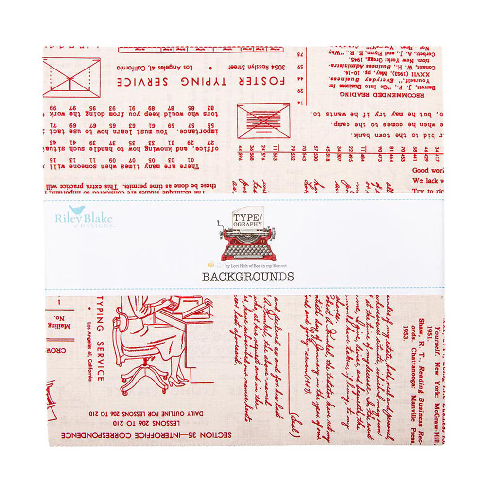 Lori Holt Type/ography B Layer Cake -kangasnippu, 42 esileikattua 10 tuuman neliötä typografisissa kuoseissa.