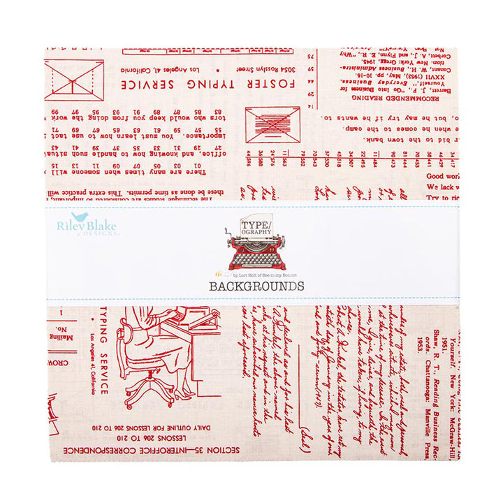 Lori Holt Type/ography B Layer Cake -kangasnippu, 42 esileikattua 10 tuuman neliötä typografisissa kuoseissa.