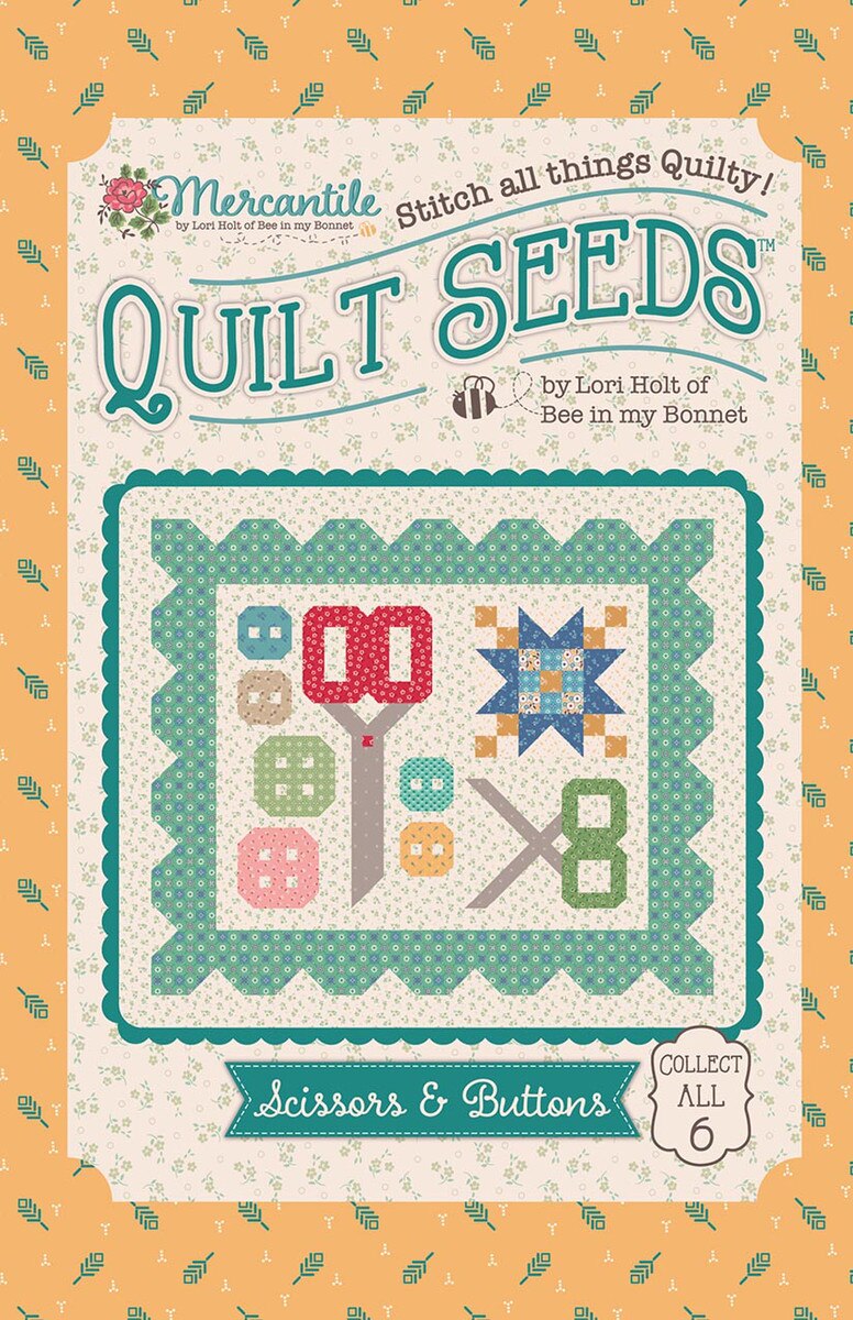 Mercantile Quilt Seeds Scissors & Buttons -kaavapaketti Lori Holtilta – paperikaava tilkkublokkiin, 74 x 64 cm.