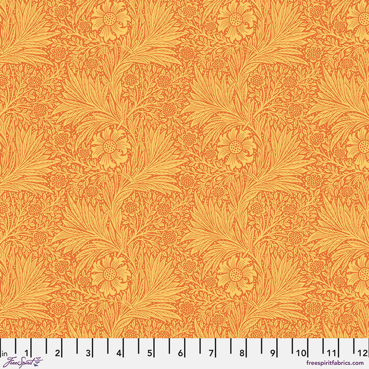 Original Morris&Co.n Buttermere kokoelman Marigold Sunshine kangas, oranssit kukkakuviot keltaisella pohjalla