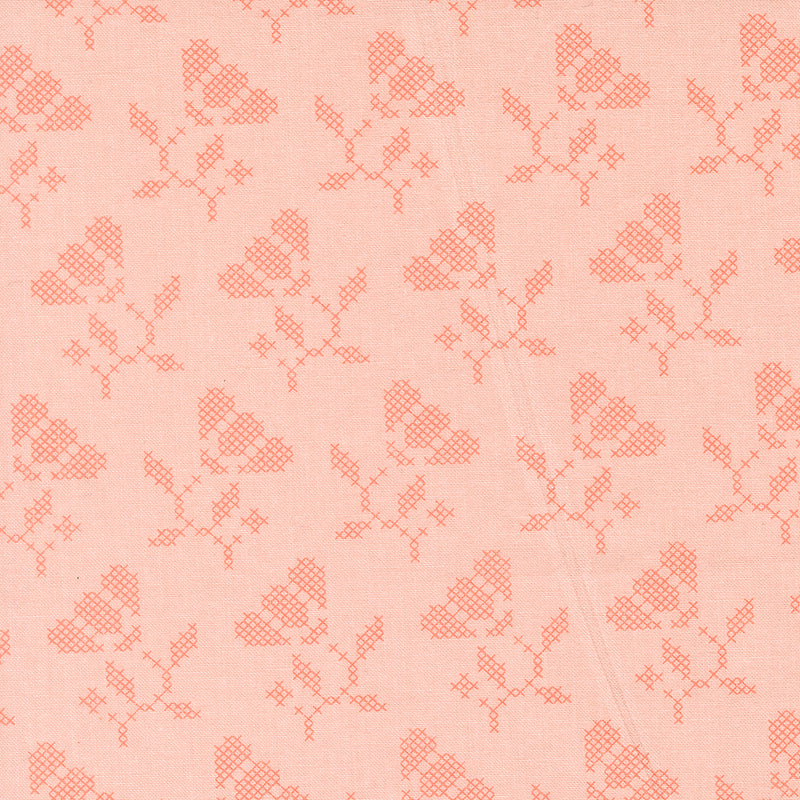 My Sew Quilty Life Sunbonnet Blooming Stitches Pink puuvillakangas, ristipistokukka- ja lehtikuvio vaaleanpunaisella pohjalla