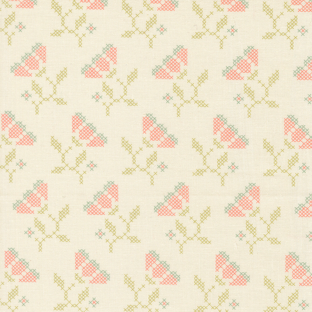 My Sew Quilty Life Sunbonnet Blooming Stitches Porcelain puuvillakangas, ristipistokukka- ja lehtikuvio vaalealla pohjalla