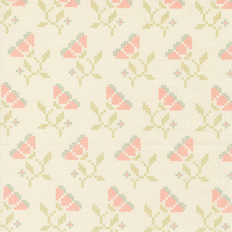My Sew Quilty Life Sunbonnet Blooming Stitches Porcelain puuvillakangas, ristipistokukka- ja lehtikuvio vaalealla pohjalla