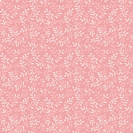 Vaaleanpunainen puuvillakangas, jossa valkoinen lehtikuvio – My Victorian Garden 3414-22 Packed Allover Leaf Pink