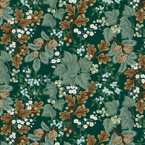 Nordic Solstice 10633-G Nordic Flora Northern Fir puuvillakangas – syvänvihreä tammenlehti- ja käpykuvio tilkkutyöhön