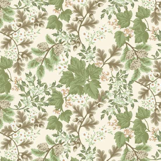 Nordic Solstice 10633-L Nordic Flora Winter Linen puuvillakangas – vihreä tammenlehti- ja käpykuvio tilkkutyöhön vaalealla pohjalla