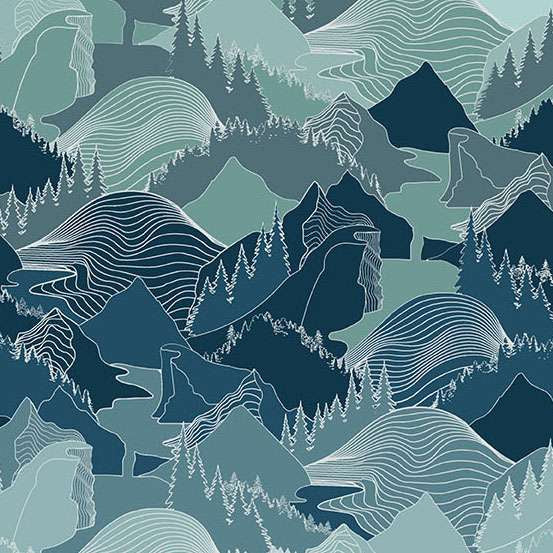Nordic Solstice 10634-B Terrain Glacier Mist Ombre puuvillakangas – jäätikönsininen vuoristomaisemakuvio tilkkutyöhön