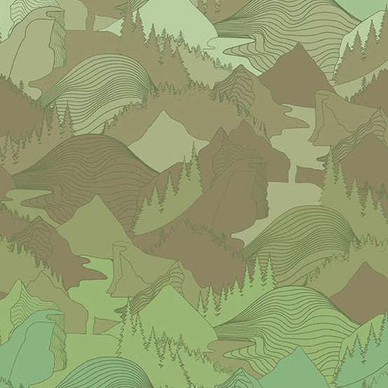 Nordic Solstice 10634-G Terrain Tundra Moss Ombre puuvillakangas – vihreä vuoristomaisemakuvio tilkkutyöhön