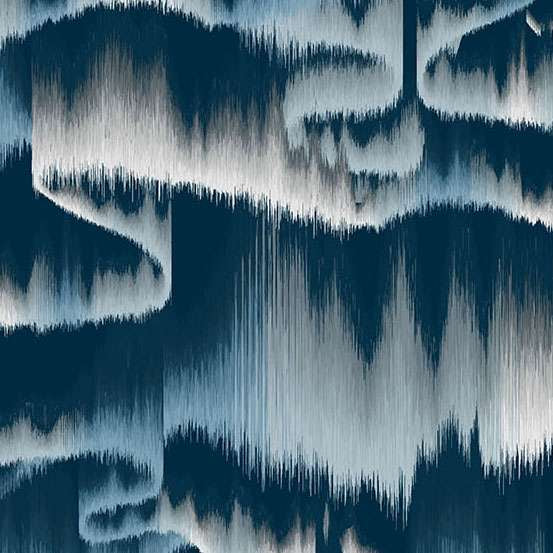 Nordic Solstice 10635-B Borealis Frosted Fjord puuvillakangas – dramaattinen revontulikuvio tummansinisellä pohjalla
