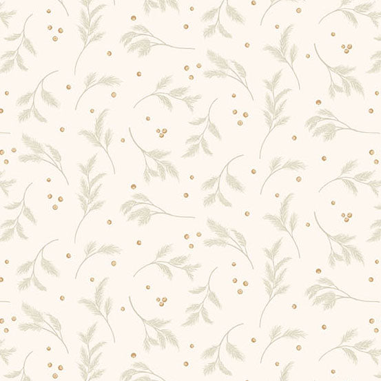 Nordic Solstice 10637-L Tundra Sprigs Winter Linen puuvillakangas – vaalea lehvästö- ja lumipistekuvio tilkkutyöhön