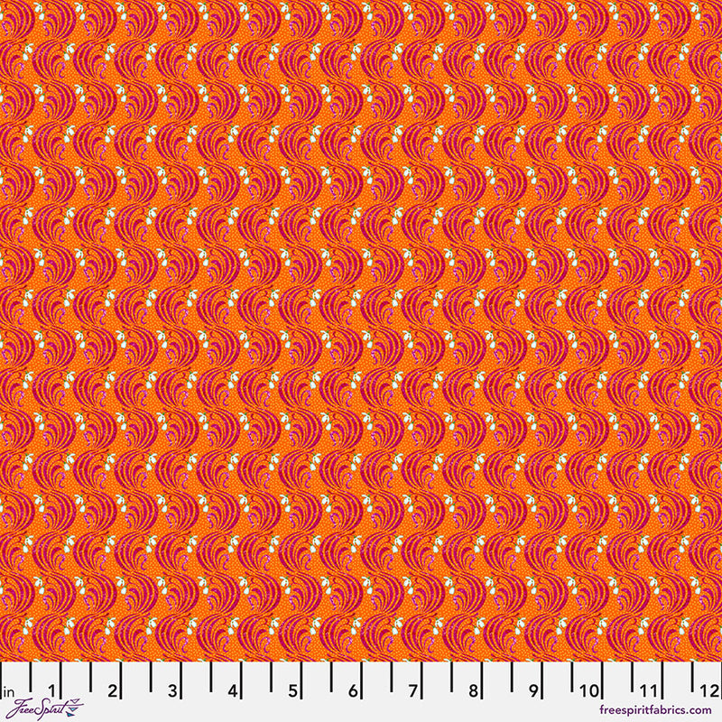 January Orange -puuvillakangas, Language of Flowers -kokoelmasta, suunnittelija Odile Bailloeul, Free Spirit Fabrics, romanttinen kukkakuvio oranssilla pohjalla.