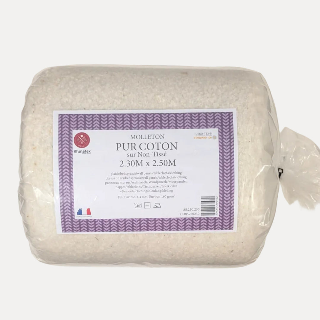  Pur Coton -puuvillavanute kuitukankaalla,  2,30 x 2,50 m, n. 160 g/m² – tilkkutöihin, peitteisiin ja seinäpaneeleihin