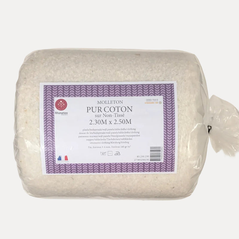  Pur Coton -puuvillavanute kuitukankaalla,  2,30 x 2,50 m, n. 160 g/m² – tilkkutöihin, peitteisiin ja seinäpaneeleihin