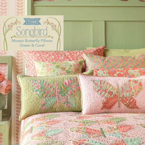 Tilda - Songbird - Mosaic Butterfly Pillows Green Coral patchwork pattern FREE