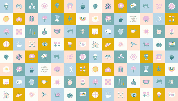 Picture Book Memory Cards -paneelin yksityiskohta – pastellisävyiset ruudut lasten kuvioilla