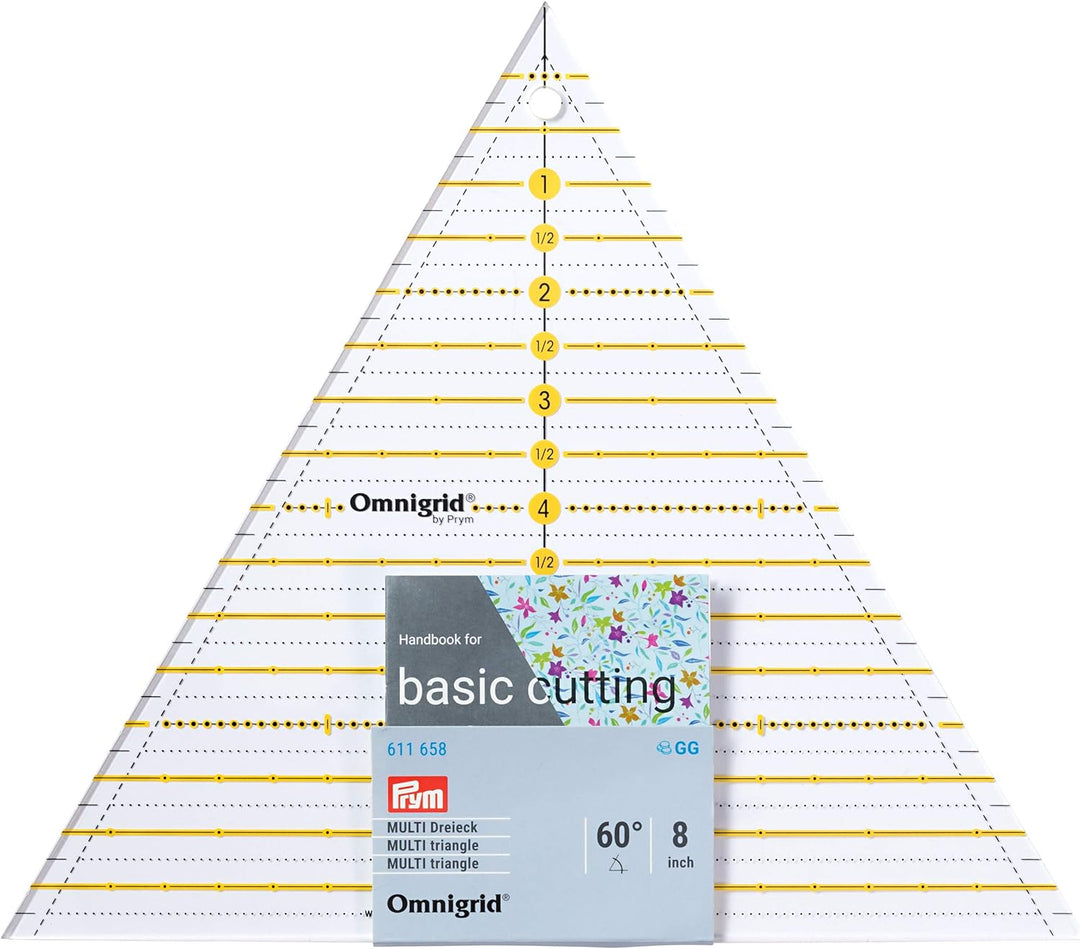 Prym Omnigrid kolmioviivain 60°, 8 tuumaa – akryylinen tilkkutyöviivain tuumamitoin kaleidoskooppitilkkuihin ja tarkkaan leikkaamiseen.