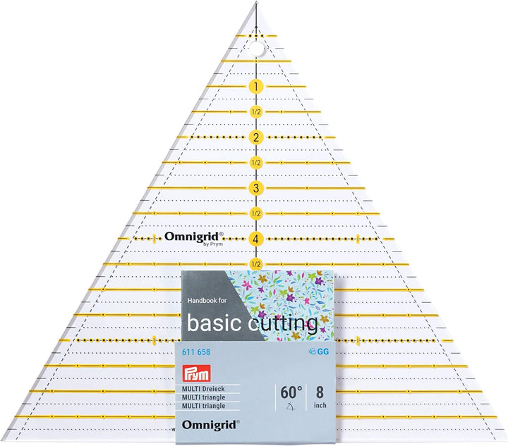 Prym Omnigrid kolmioviivain 60°, 8 tuumaa – akryylinen tilkkutyöviivain tuumamitoin kaleidoskooppitilkkuihin ja tarkkaan leikkaamiseen.