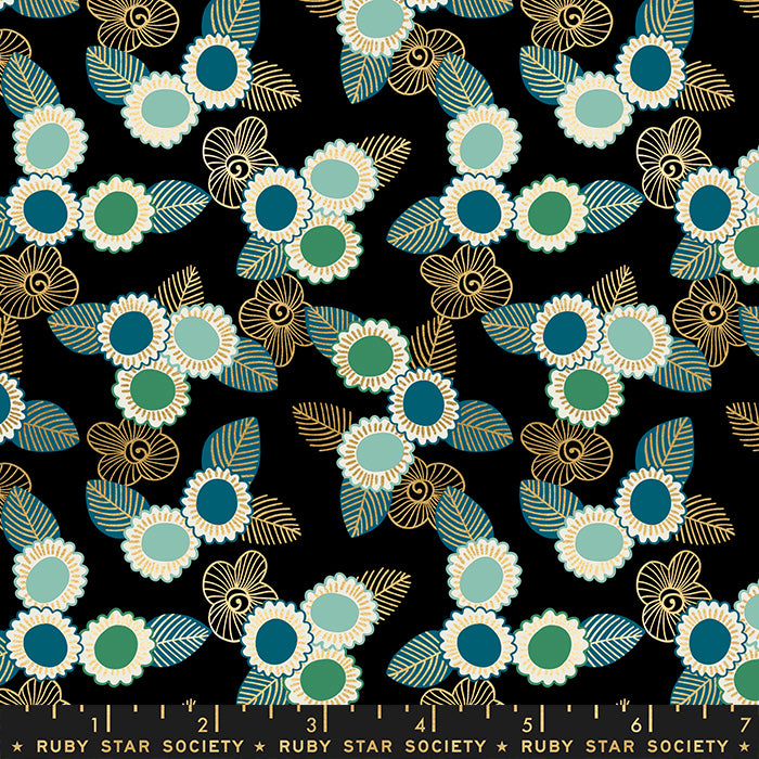 Ruby Star Society Purl RS2036-15M Embroidered Flower Black – 
metallik altın kukkakuvio mustalla pohjalla, turkoosi ja vihreä