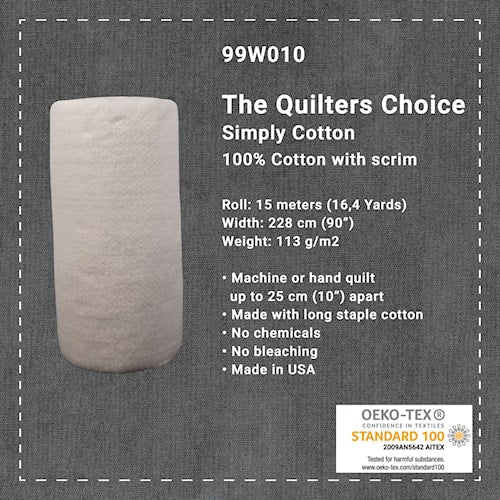 Quilters Choice Simply Cotton -puuvillavanu, 228 cm leveä, luonnonvalkoinen, valkaisematon ja kemikaalivapaa vanu tilkkutöihin