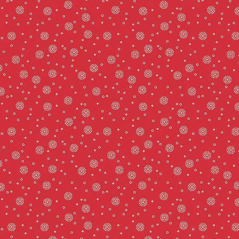 Red Delicious - Cherry Soda Red puuvillakangas, valkoisia täpliä punaisella taustalla.