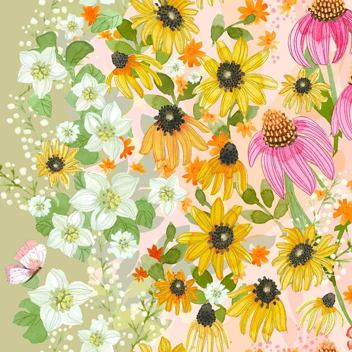 Robin Pickens - Superbloom kokoelman Pastel Wildflowers villikukkien piirroksia sisältävä ombre-kangaspaneeli.