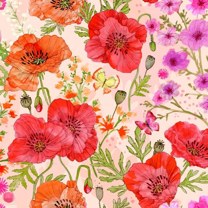 Robin Pickens - Superbloom kokoelman Pastel Wildflowers villikukkien piirroksia sisältävä ombre-kangaspaneeli.