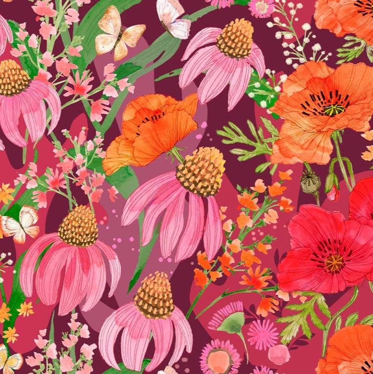 Robin Pickens - Superbloom kokoelman Jewel Wildflowers villikukkien piirroksia sisältävä ombre-kangaspaneeli.
