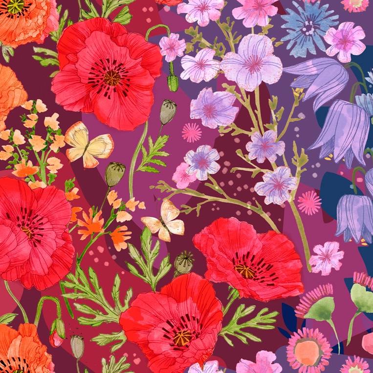 Robin Pickens - Superbloom kokoelman Jewel Wildflowers villikukkien piirroksia sisältävä ombre-kangaspaneeli.