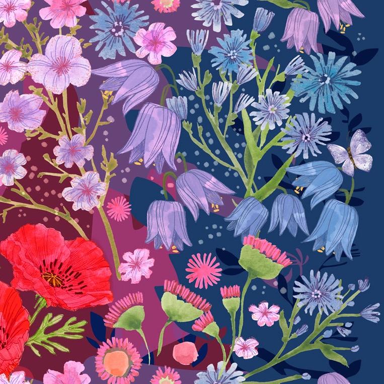 Robin Pickens - Superbloom kokoelman Jewel Wildflowers villikukkien piirroksia sisältävä ombre-kangaspaneeli.