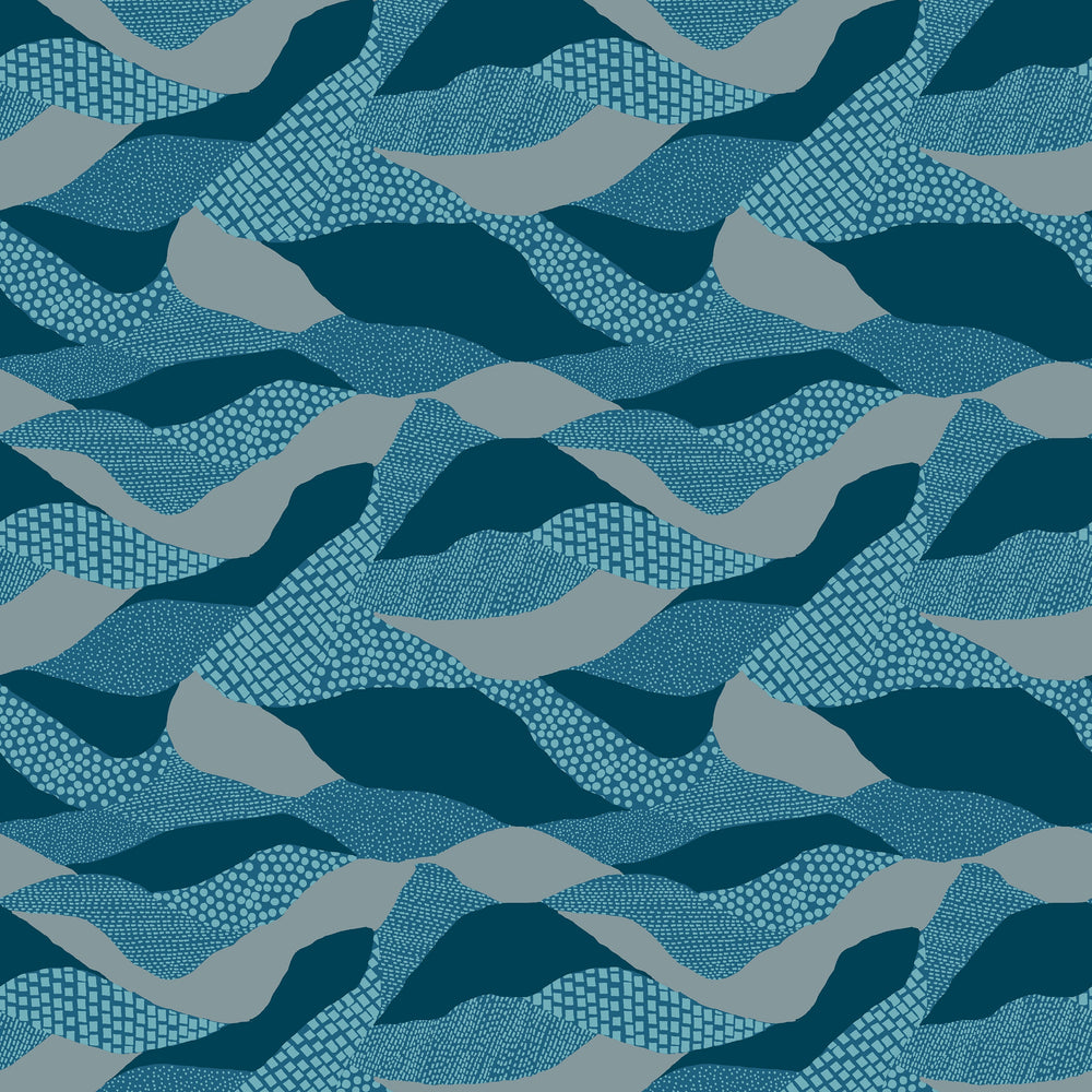 Moderni puuvillakangas, jossa virtaavan maiseman tyyliin aaltoilevia tummansinisen, vaaleansinisen ja harmaan sävytettyjä graafisia kuvioita – RS6053-16 Lands End Teal