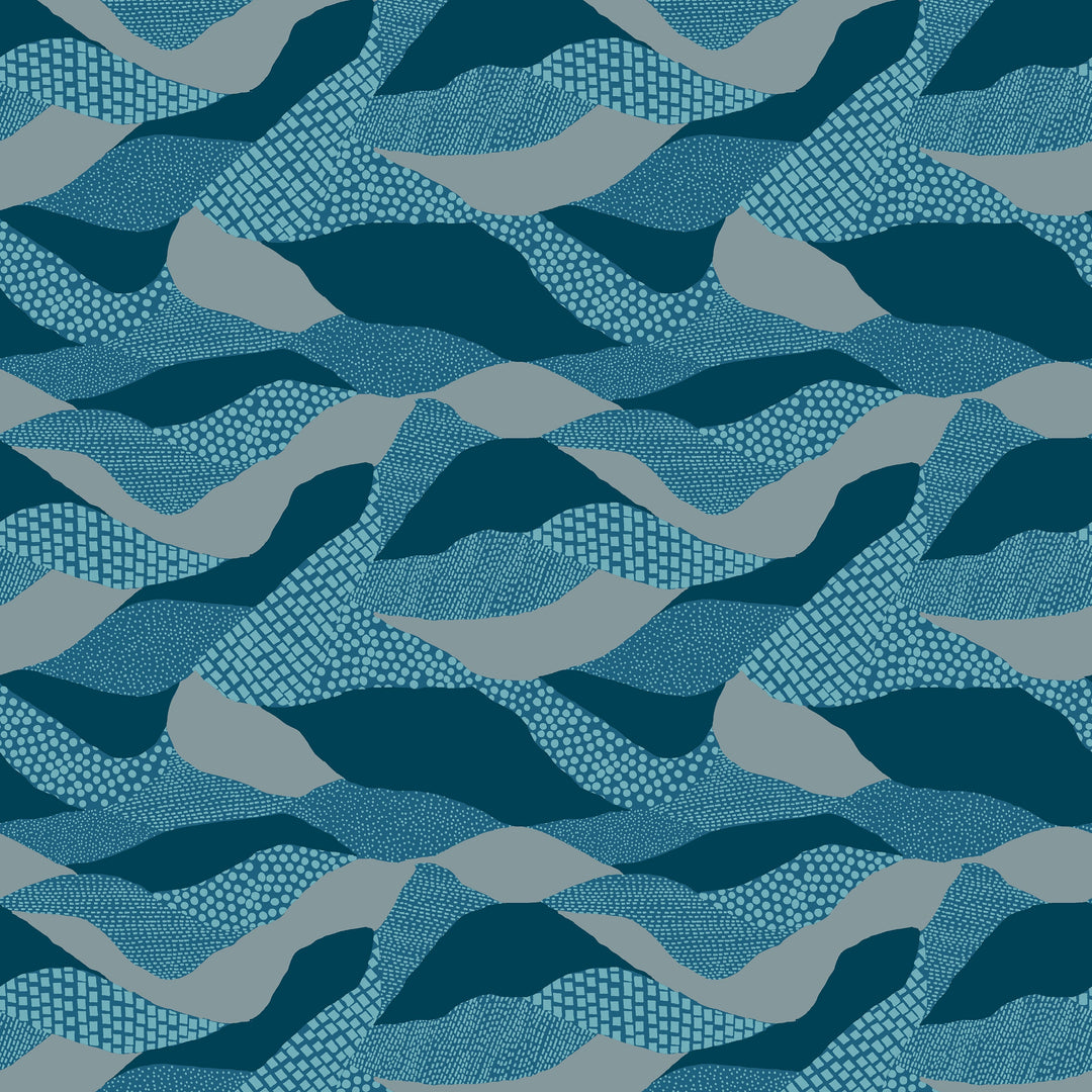 Moderni puuvillakangas, jossa virtaavan maiseman tyyliin aaltoilevia tummansinisen, vaaleansinisen ja harmaan sävytettyjä graafisia kuvioita – RS6053-16 Lands End Teal