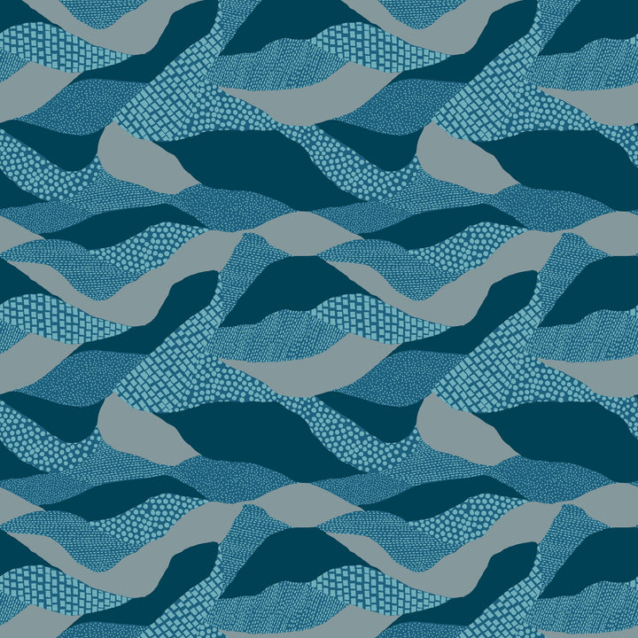 Moderni puuvillakangas, jossa virtaavan maiseman tyyliin aaltoilevia tummansinisen, vaaleansinisen ja harmaan sävytettyjä graafisia kuvioita – RS6053-16 Lands End Teal