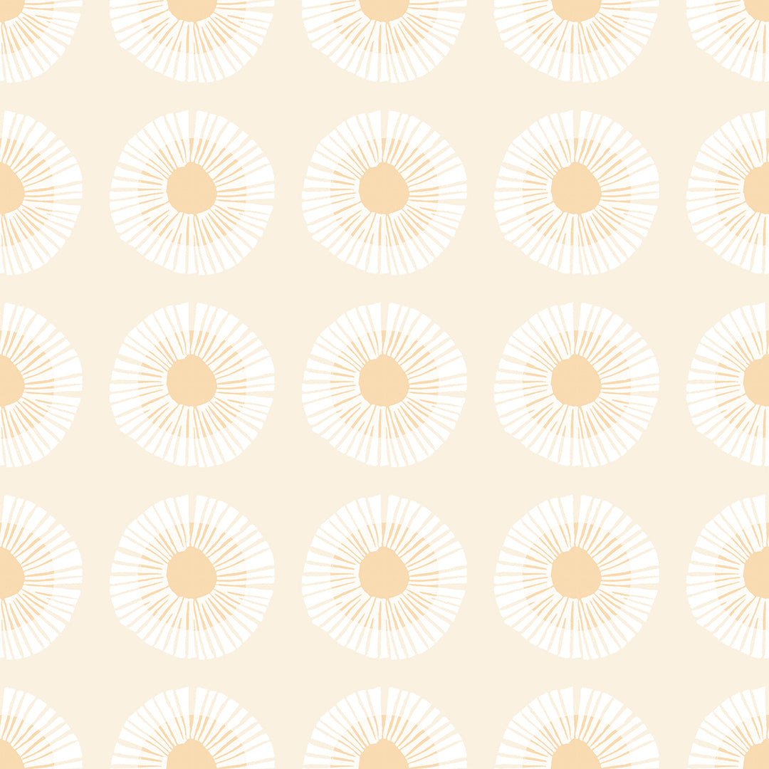 Vaalea Ruby Star Society Seaside Daisy Natural -puuvillakangas, geometrinen kukkakuvio luonnonvalkoisella ja vaalean okran sävyissä