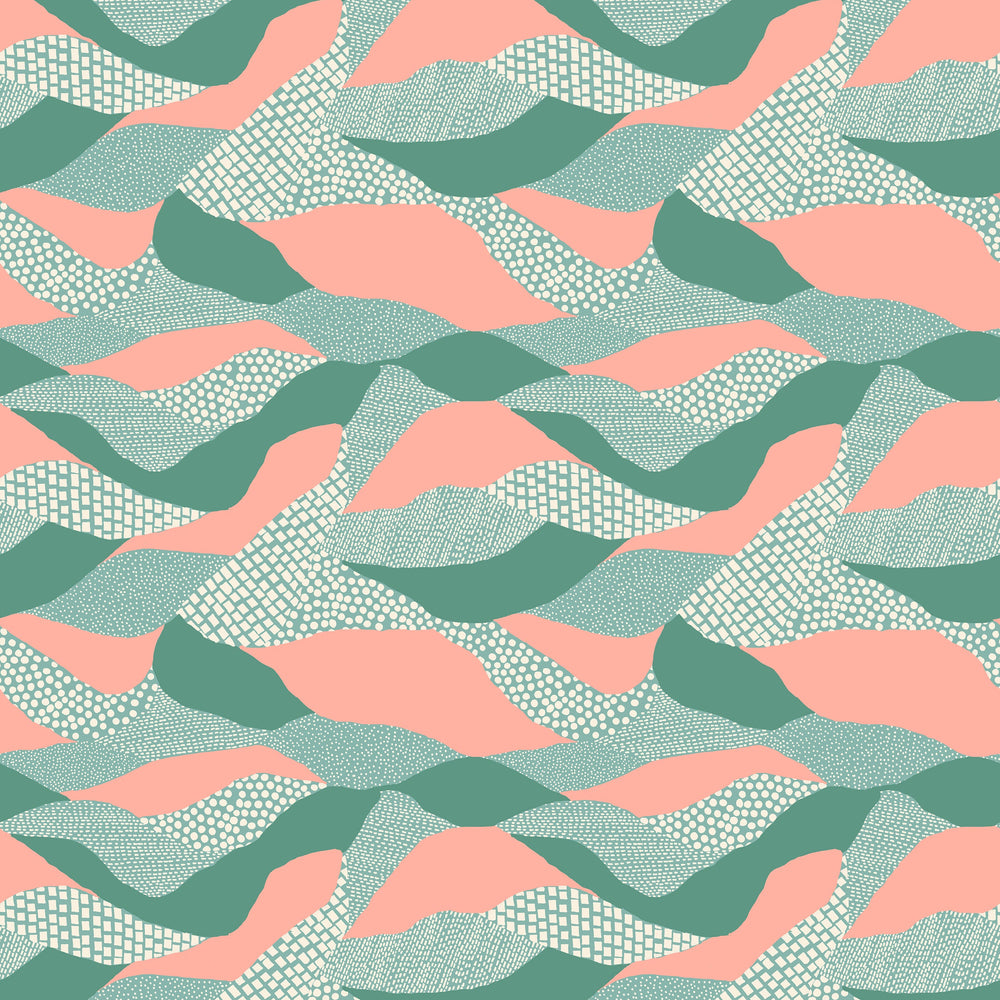 Moderni puuvillakangas, jossa virtaavan maiseman tyyliin aaltoilevia turkoosiin ja koralliin sävytettyjä graafisia kuvioita – RS6053-14 Lands End Water