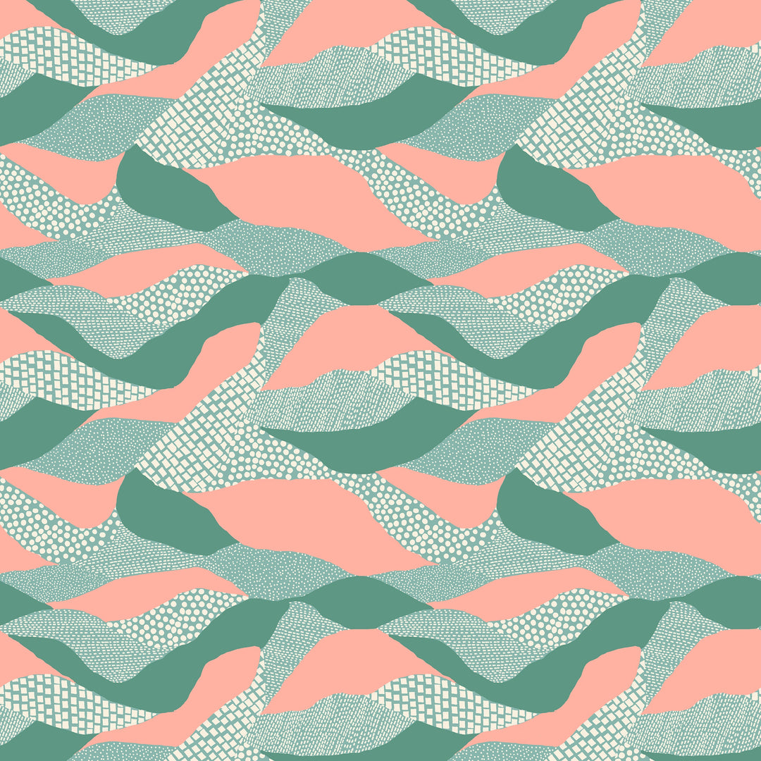 Moderni puuvillakangas, jossa virtaavan maiseman tyyliin aaltoilevia turkoosiin ja koralliin sävytettyjä graafisia kuvioita – RS6053-14 Lands End Water