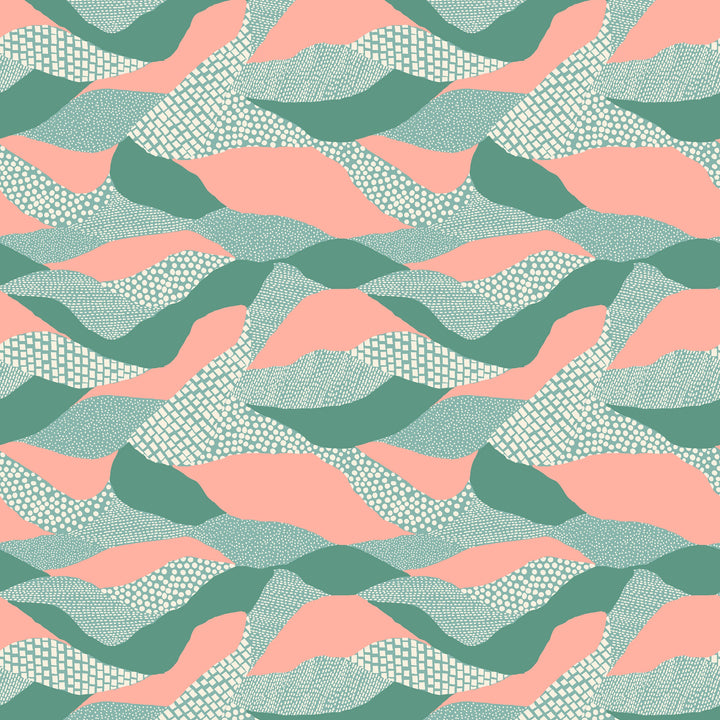 Moderni puuvillakangas, jossa virtaavan maiseman tyyliin aaltoilevia turkoosiin ja koralliin sävytettyjä graafisia kuvioita – RS6053-14 Lands End Water