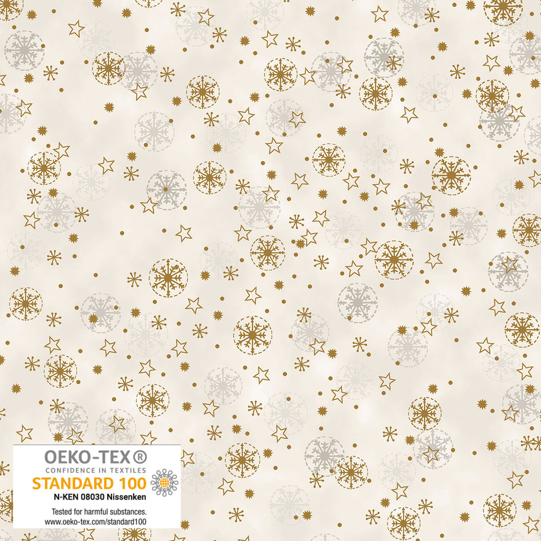 Valkoinen joulukangas, jossa hopeasia ja kultaisia lumikideita – Stof Fabrics We Love Christmas