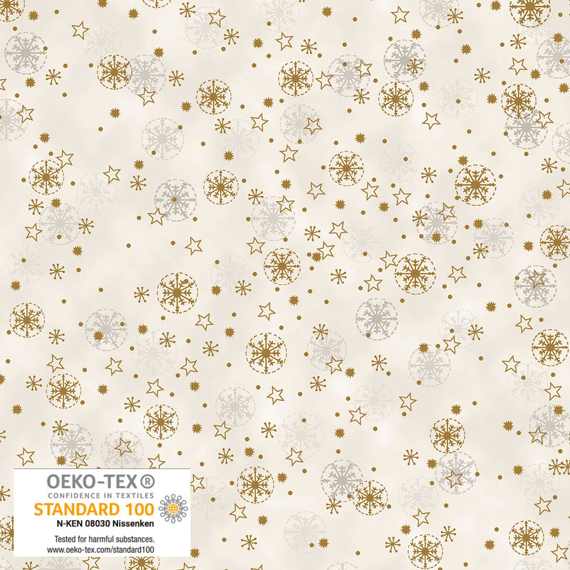 Valkoinen joulukangas, jossa hopeasia ja kultaisia lumikideita – Stof Fabrics We Love Christmas