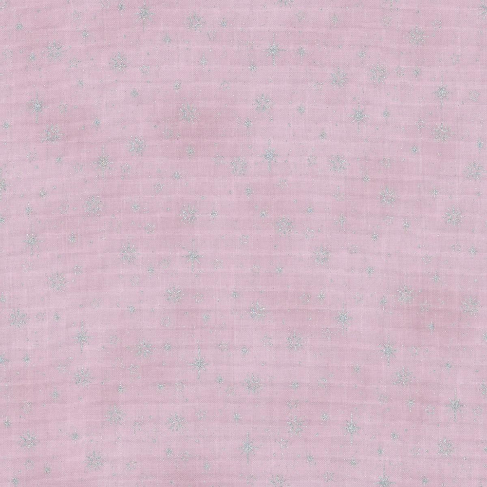Vaaleanpunainen joulukangas, jossa  hopeisia lumihiutaleita ja tähtiä – Stof Fabrics We Love Christmas