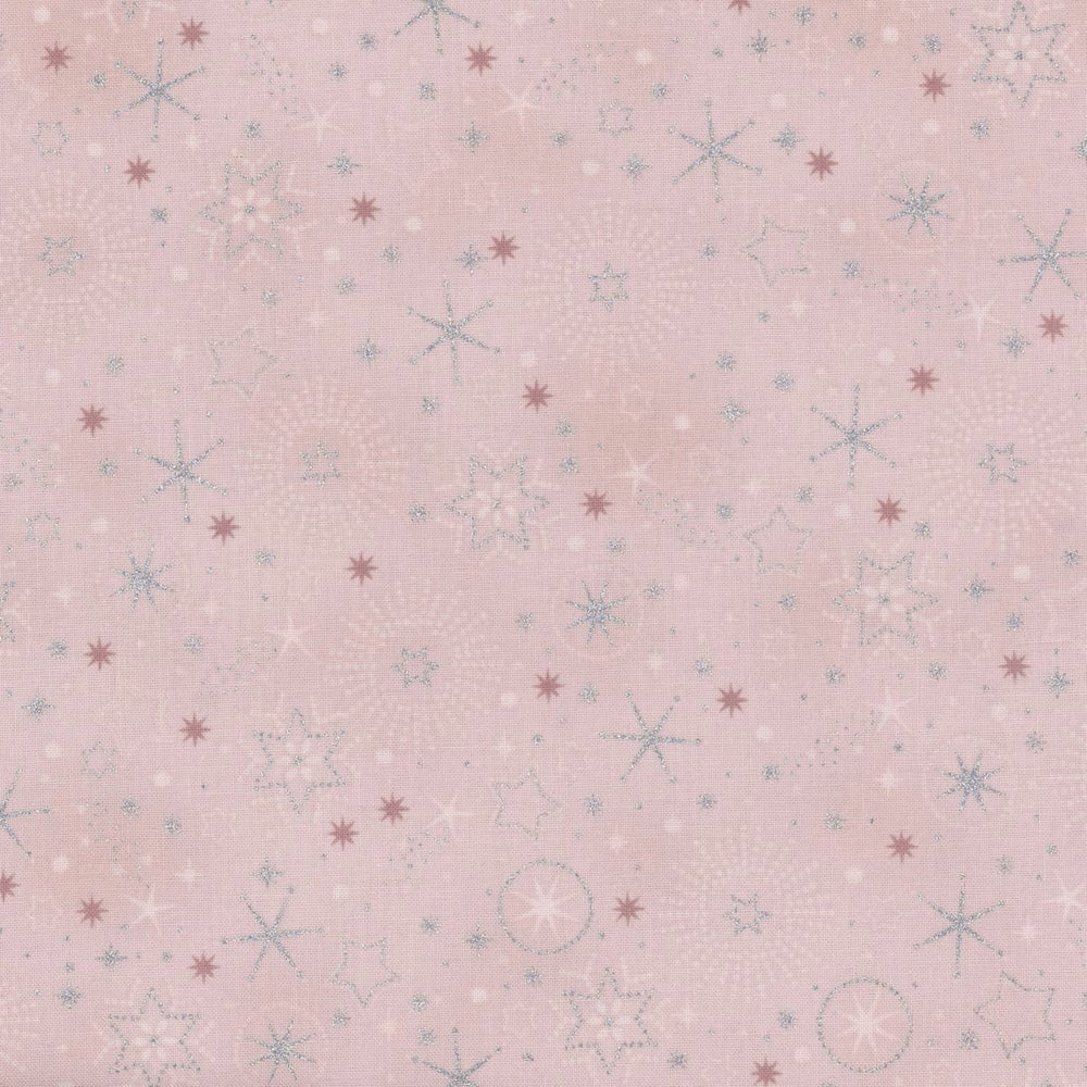 Vaaleanpunainen joulukangas, jossa  hopeisia lumihiutaleita ja tähtiä – Stof Fabrics We Love Christmas