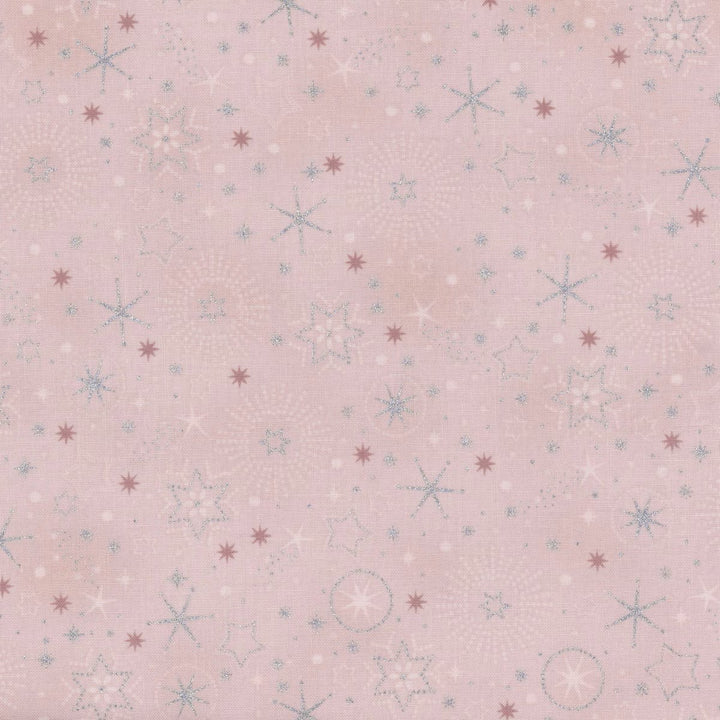 Vaaleanpunainen joulukangas, jossa  hopeisia lumihiutaleita ja tähtiä – Stof Fabrics We Love Christmas